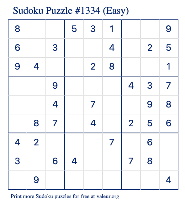 Free Printable Easy Sudoku Puzzle number 1334