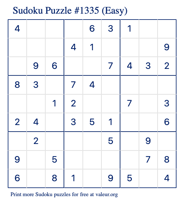 Free Printable Easy Sudoku Puzzle number 1335