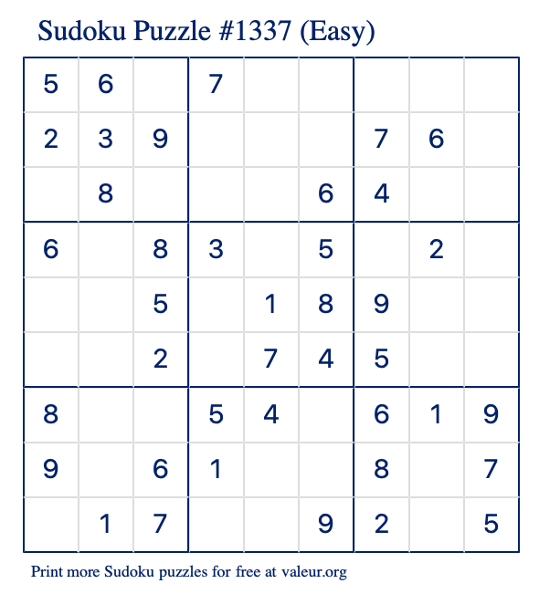 Free Printable Easy Sudoku Puzzle number 1337