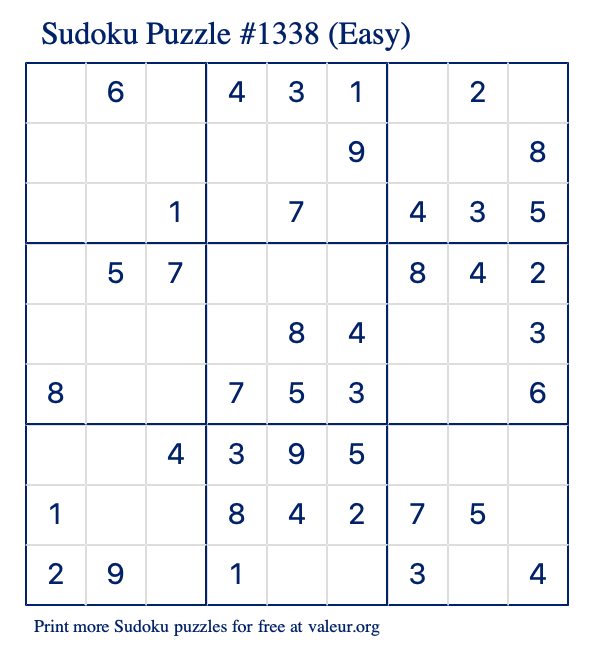 Free Printable Easy Sudoku Puzzle number 1338