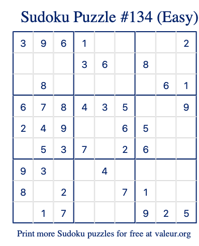 Free Printable Easy Sudoku Puzzle number 134