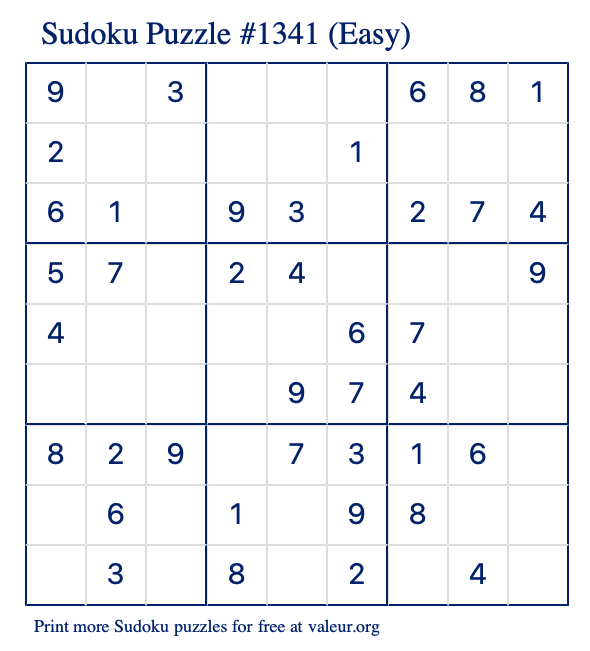 Free Printable Easy Sudoku Puzzle number 1341