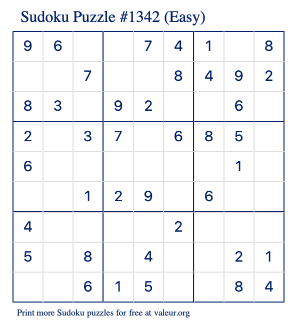 Free Printable Easy Sudoku Puzzle number 1342