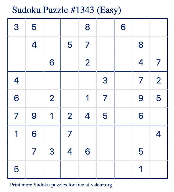 Free Printable Easy Sudoku Puzzle number 1343