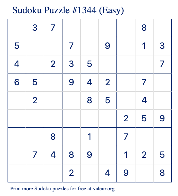 Free Printable Easy Sudoku Puzzle number 1344