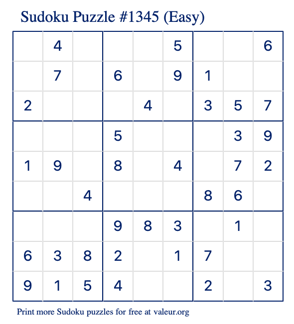 Free Printable Easy Sudoku Puzzle number 1345