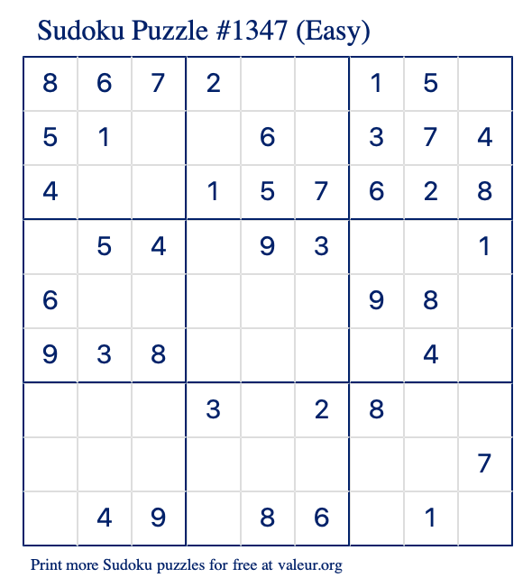 Free Printable Easy Sudoku Puzzle number 1347