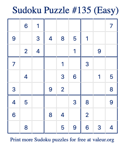 Free Printable Easy Sudoku Puzzle number 135