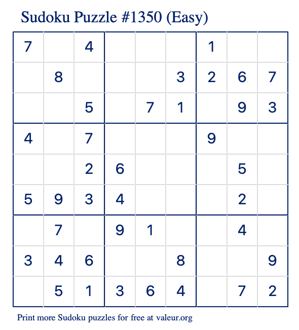 Free Printable Easy Sudoku Puzzle number 1350