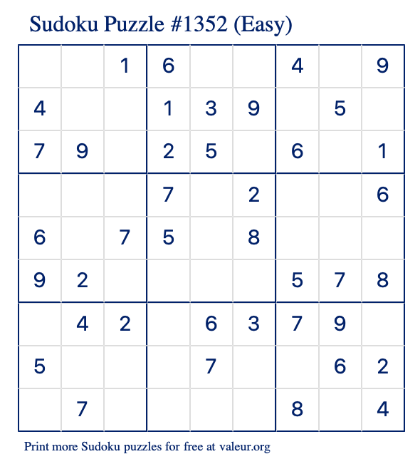 Free Printable Easy Sudoku Puzzle number 1352