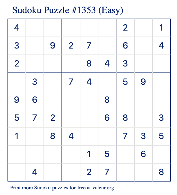 Free Printable Easy Sudoku Puzzle number 1353