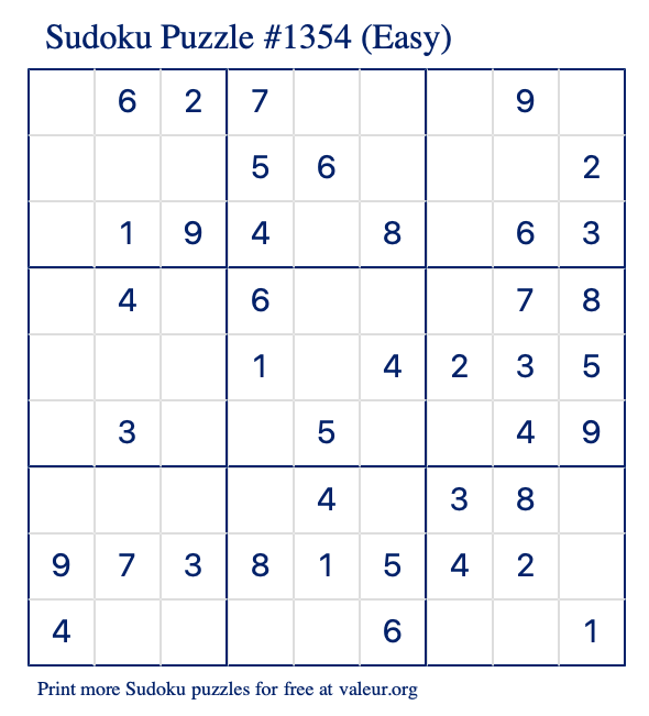 Free Printable Easy Sudoku Puzzle number 1354