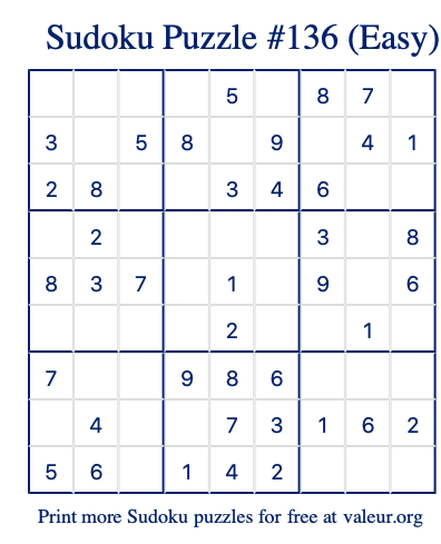 Free Printable Easy Sudoku Puzzle number 136