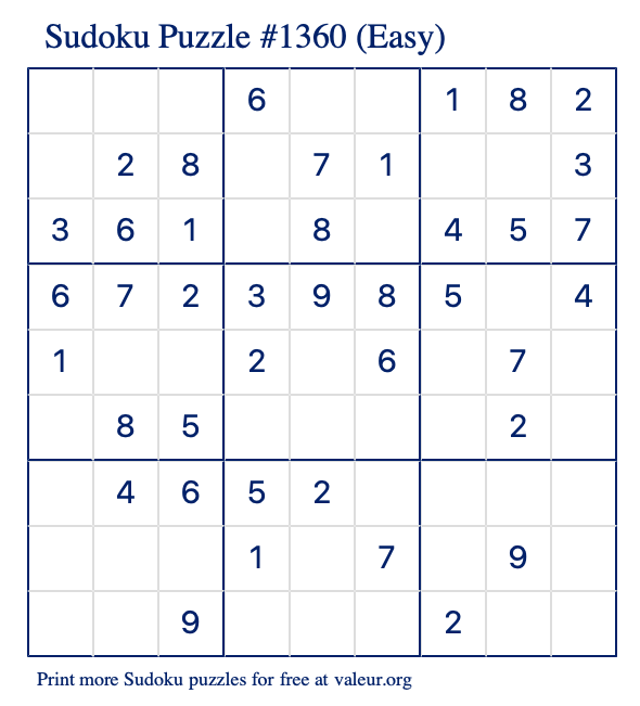 Free Printable Easy Sudoku Puzzle number 1360