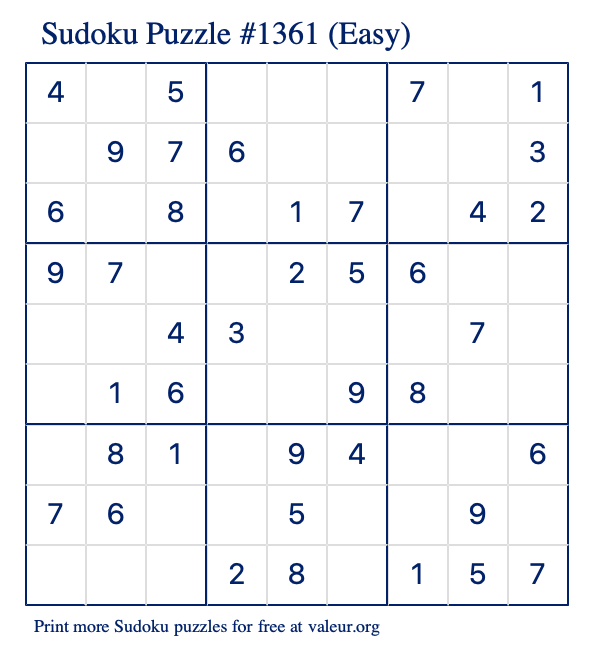 Free Printable Easy Sudoku Puzzle number 1361