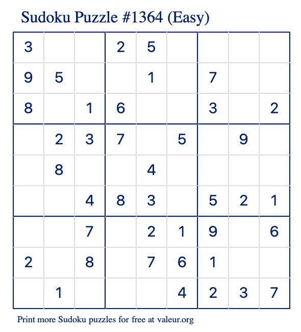 Free Printable Easy Sudoku Puzzle number 1364