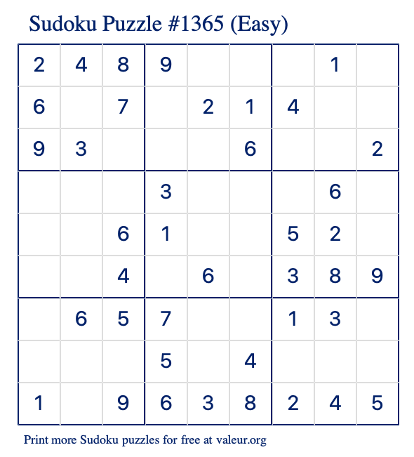 Free Printable Easy Sudoku Puzzle number 1365