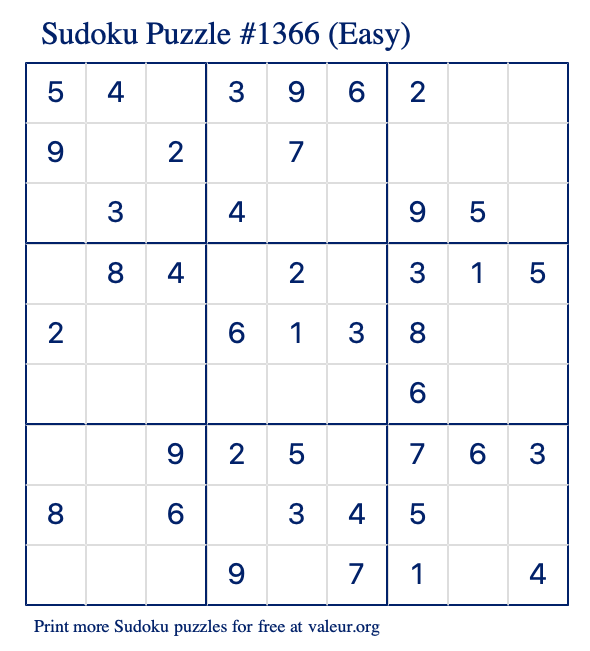 Free Printable Easy Sudoku Puzzle number 1366