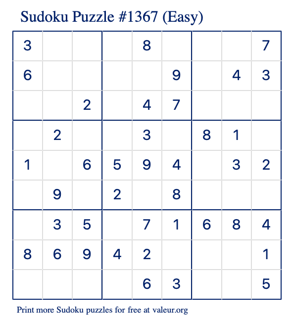 Free Printable Easy Sudoku Puzzle number 1367