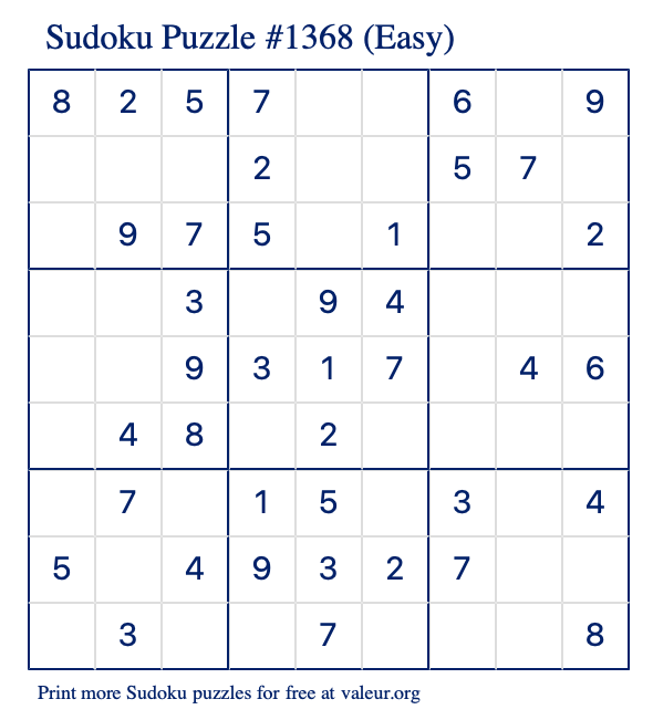 Free Printable Easy Sudoku Puzzle number 1368