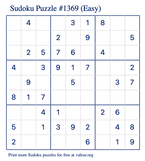 Free Printable Easy Sudoku Puzzle number 1369