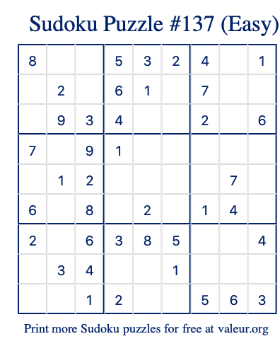 Free Printable Easy Sudoku Puzzle number 137