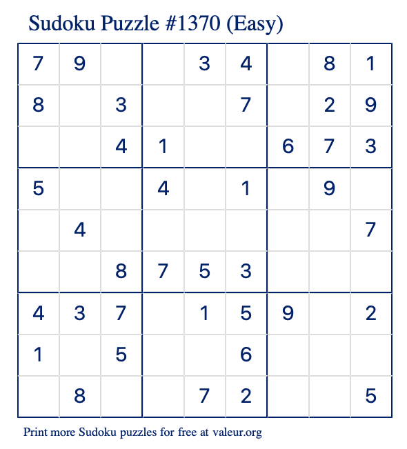 Free Printable Easy Sudoku Puzzle number 1370