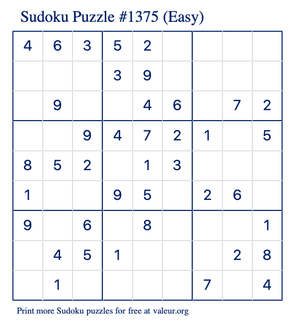 Free Printable Easy Sudoku Puzzle number 1375