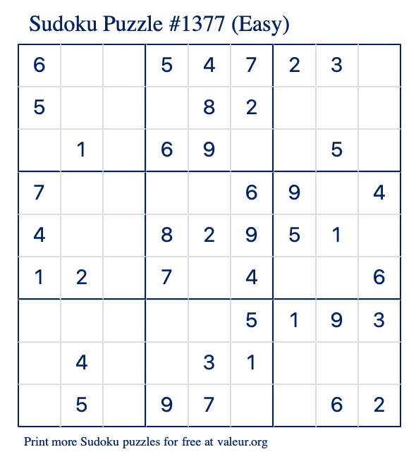 Free Printable Easy Sudoku Puzzle number 1377