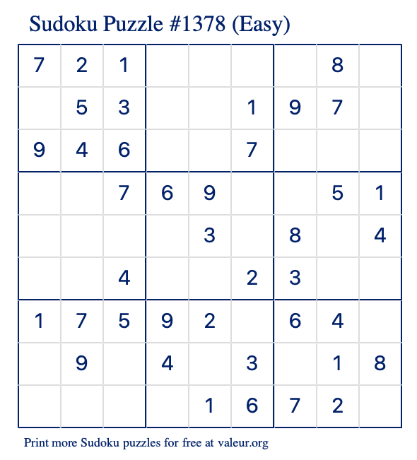 Free Printable Easy Sudoku Puzzle number 1378