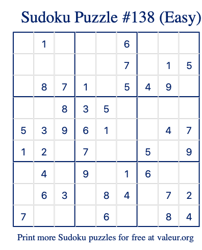 Free Printable Easy Sudoku Puzzle number 138