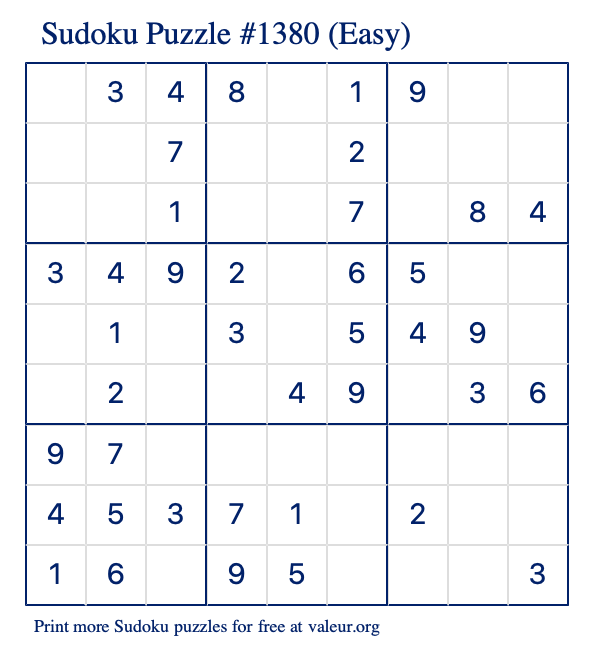 Free Printable Easy Sudoku Puzzle number 1380