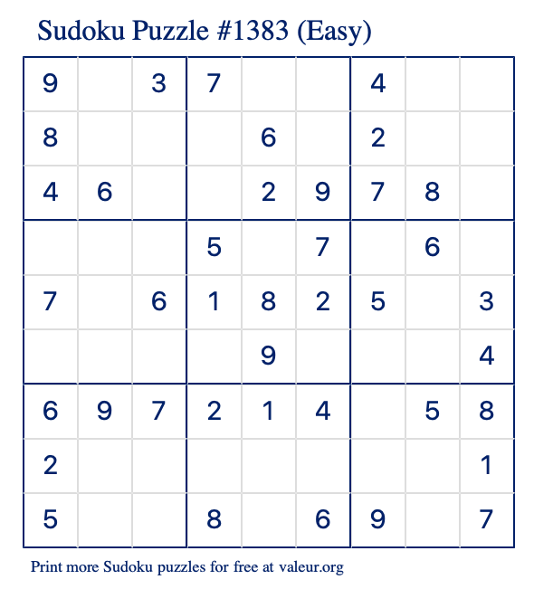 Free Printable Easy Sudoku Puzzle number 1383