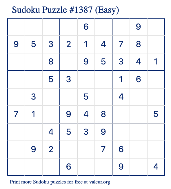 Free Printable Easy Sudoku Puzzle number 1387