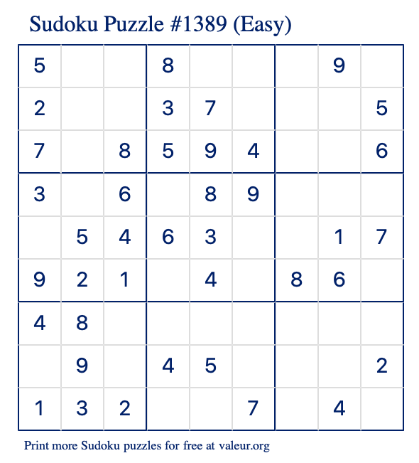 Free Printable Easy Sudoku Puzzle number 1389