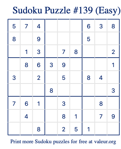 Free Printable Easy Sudoku Puzzle number 139