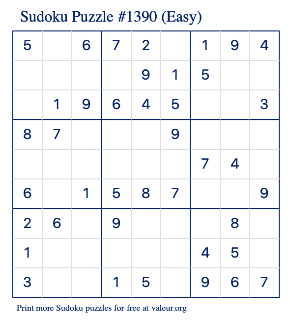 Free Printable Easy Sudoku Puzzle number 1390