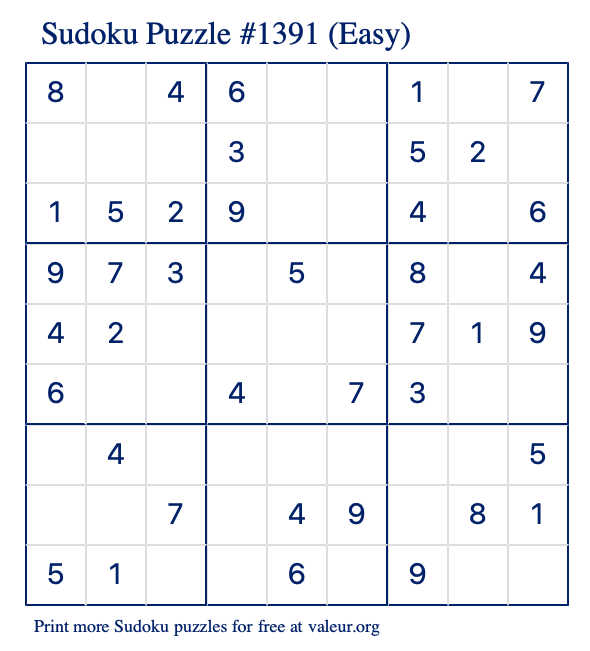 Free Printable Easy Sudoku Puzzle number 1391