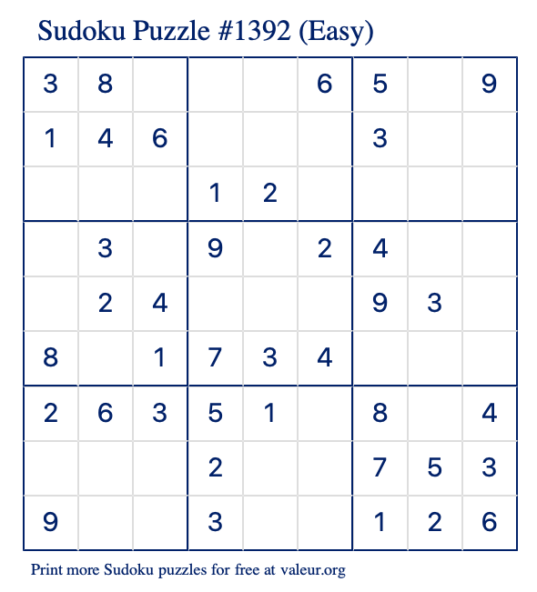 Free Printable Easy Sudoku Puzzle number 1392