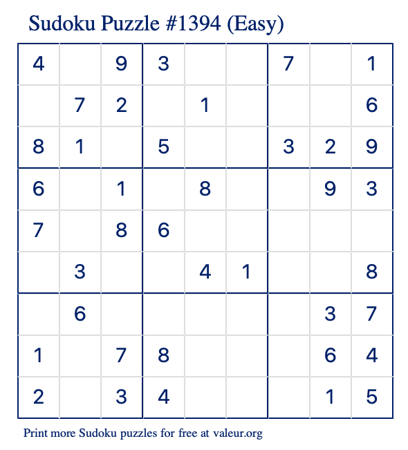 Free Printable Easy Sudoku Puzzle number 1394