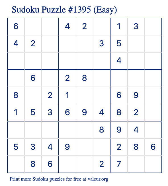 Free Printable Easy Sudoku Puzzle number 1395