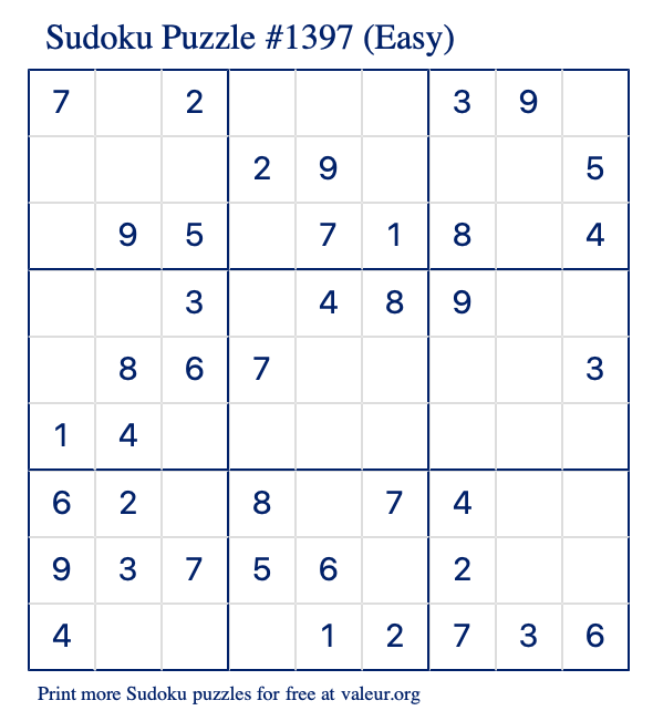 Free Printable Easy Sudoku Puzzle number 1397