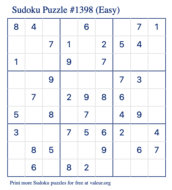 Free Printable Easy Sudoku Puzzle number 1398