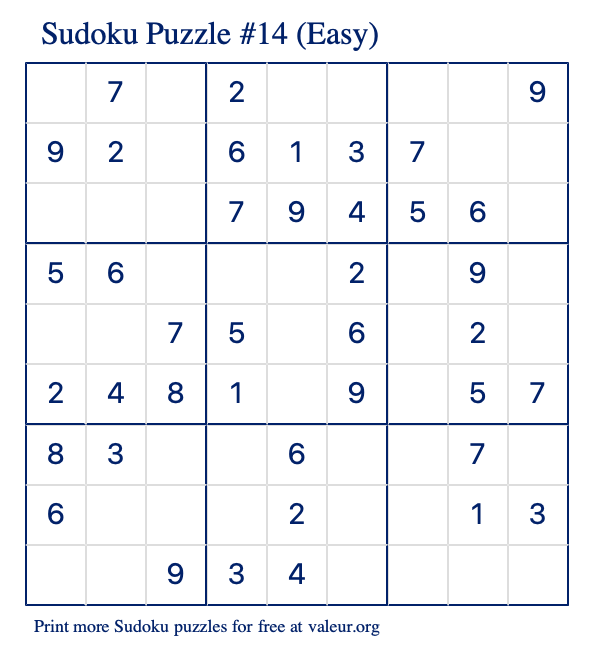 Free Printable Easy Sudoku Puzzle number 14