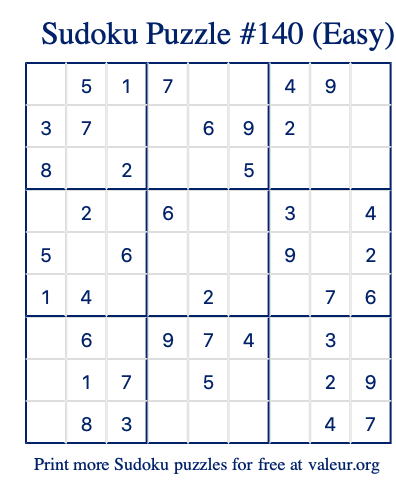 Free Printable Easy Sudoku Puzzle number 140