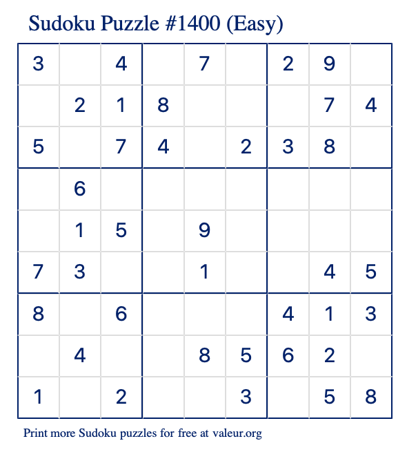 Free Printable Easy Sudoku Puzzle number 1400