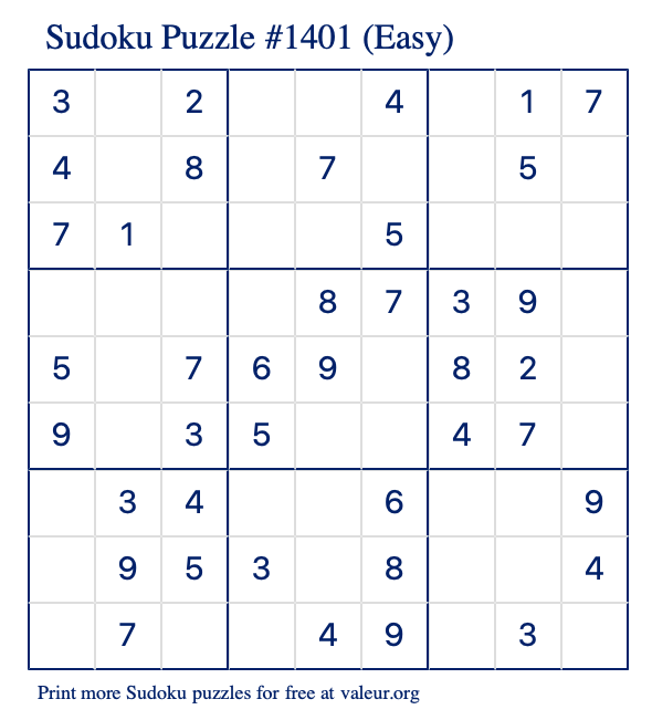 Free Printable Easy Sudoku Puzzle number 1401