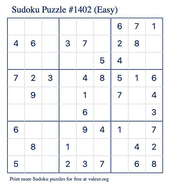 Free Printable Easy Sudoku Puzzle number 1402