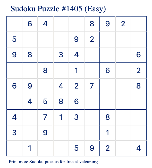 Free Printable Easy Sudoku Puzzle number 1405