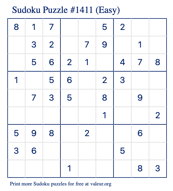 Free Printable Easy Sudoku Puzzle number 1411